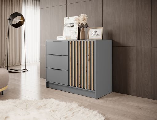 Комод однодверный с ящиками в гостинную NELLY 2D Серый/Дуб Артизан ламели Meble Piaski KOMODA_NELLY 2D_SZARY/LAMELA ARTISAN фото